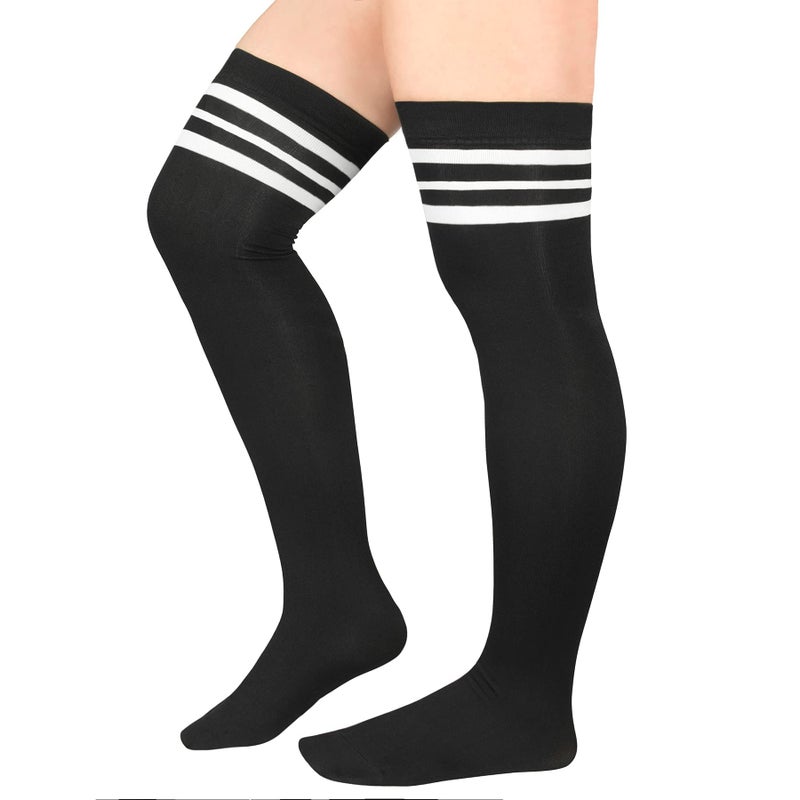 Zando Womens Plus Size Thigh High Socks Over the Knee Stockings Leg Warmers Striped Long Tube Tights Cosplay Stockings 1 Pack Black White US Size 8-12 - Image 1